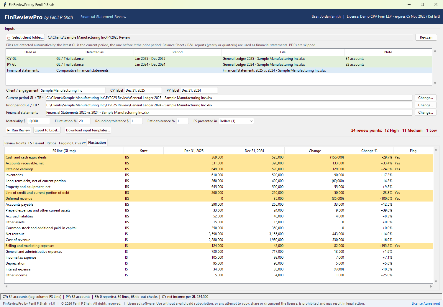 FinReviewPro Fluctuation tab showing the change in each financial statement line and the lines flagged above the threshold