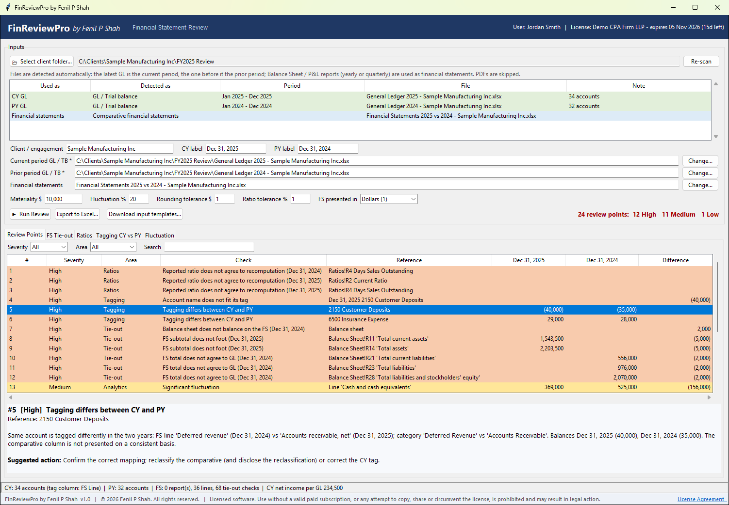 FinReviewPro Review Points tab listing 24 ranked review points for Sample Manufacturing Inc., with the observation and suggested action for the selected point