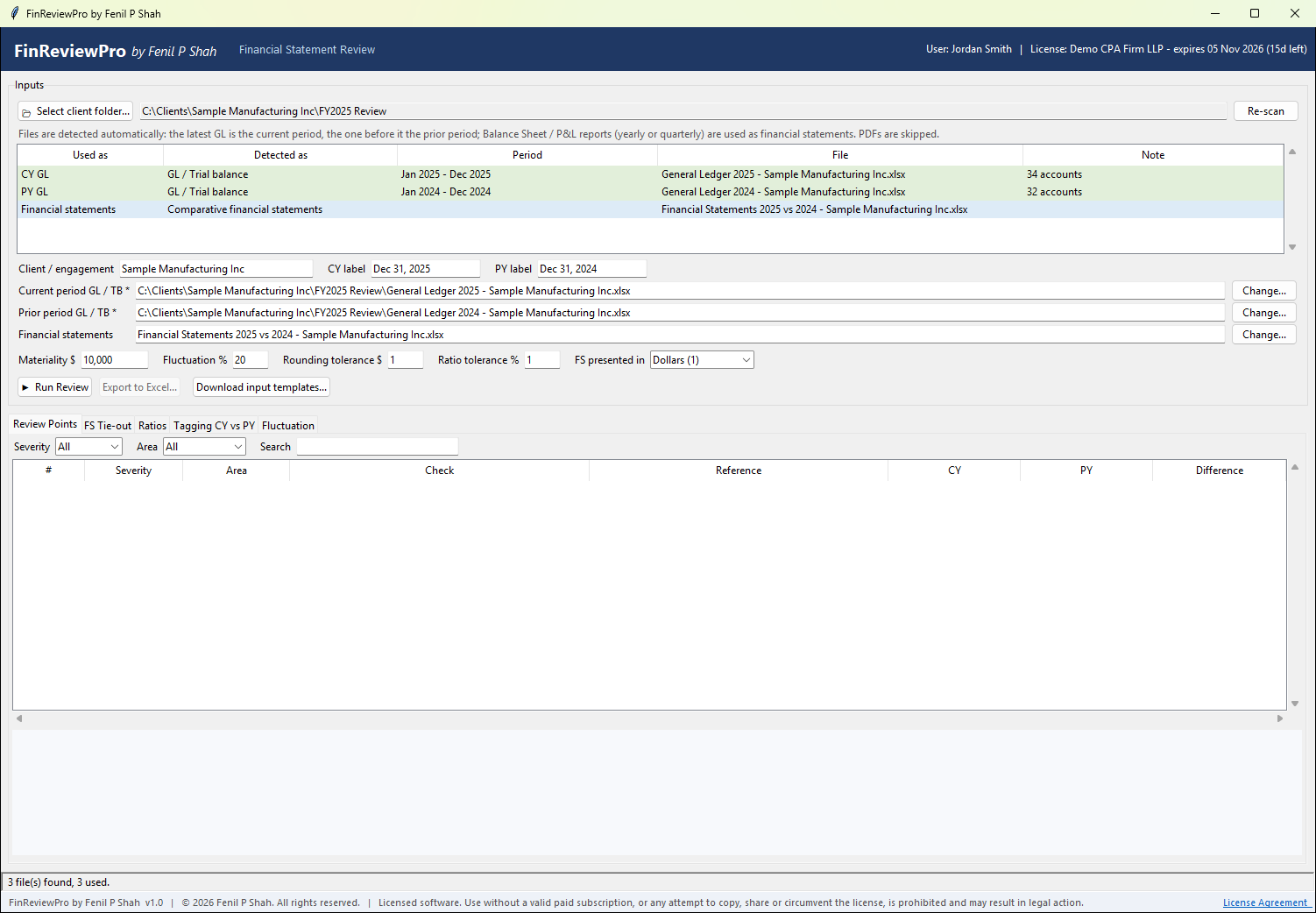 FinReviewPro input screen showing the selected client folder, the detected current and prior general ledgers and comparative financial statements, and the review settings