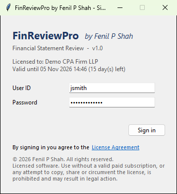 FinReviewPro sign-in window showing the licensed firm, the license expiry, and the user ID and password fields